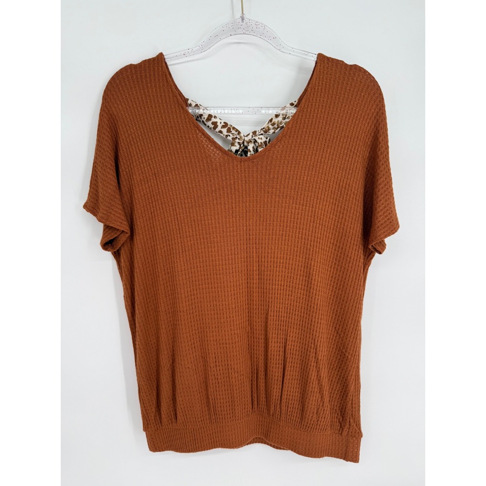 Dept 222 Rust Waffle Knit V-Back Leopard Tie Top Womens Sz M